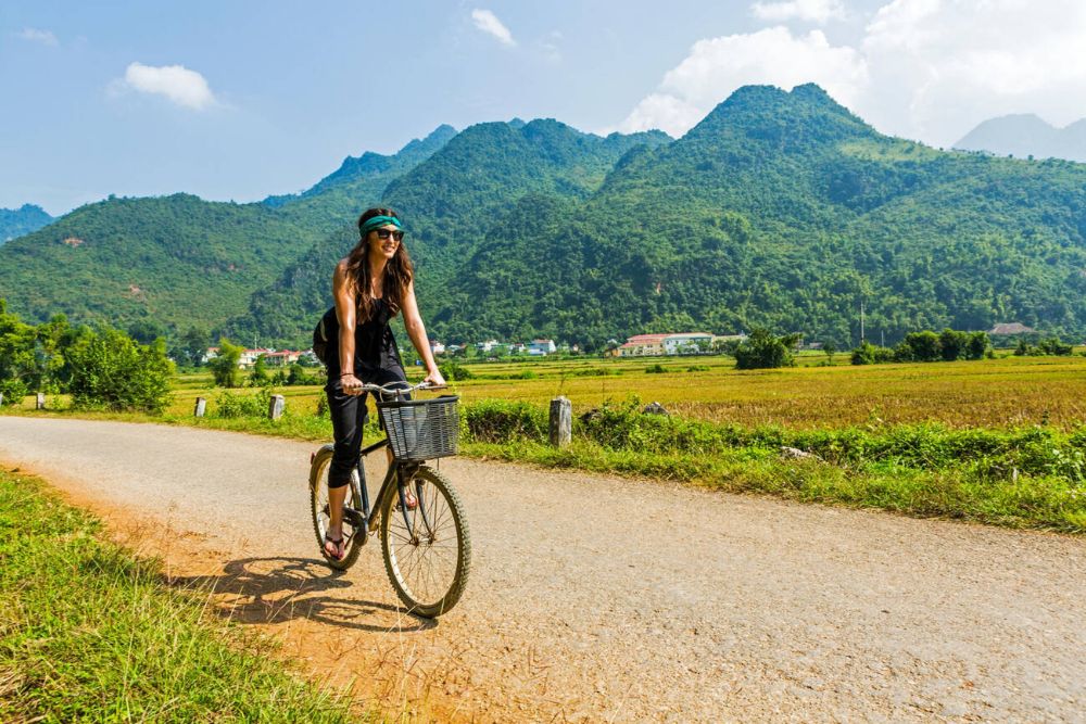 Des touristes à vélo au milieu des rizières à Mai Chau