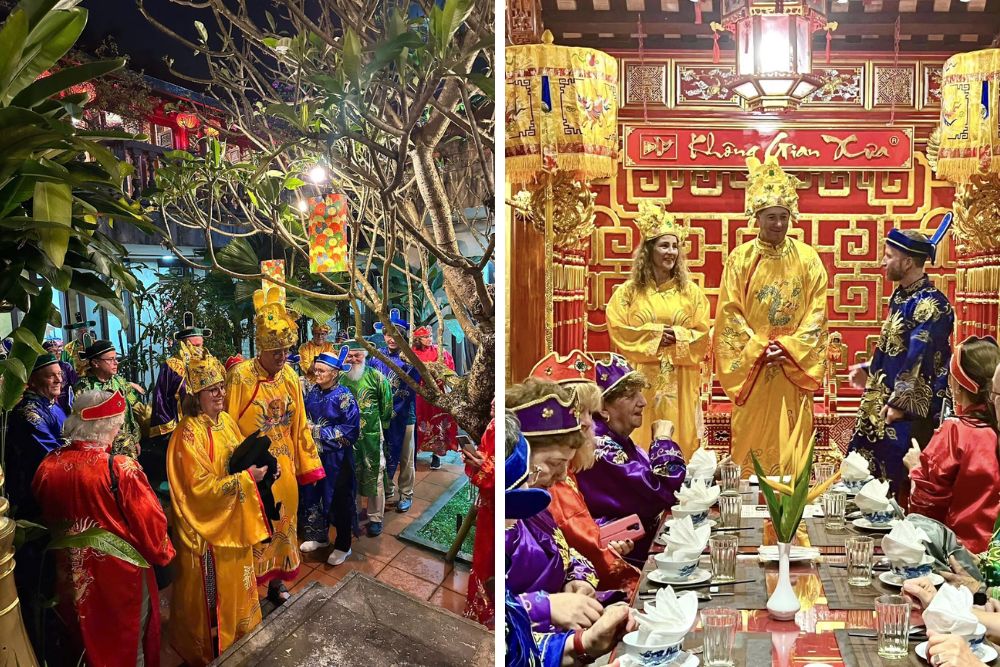 Les touristes découvrent le port de costumes royaux et la dégustation de repas royaux à Hué
