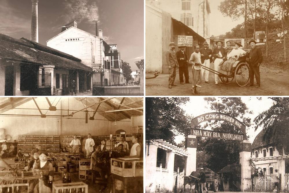 le bâtiment, la chaîne de production et les employés à la première usine de bière à Hanoi de M. Alfred Hommel