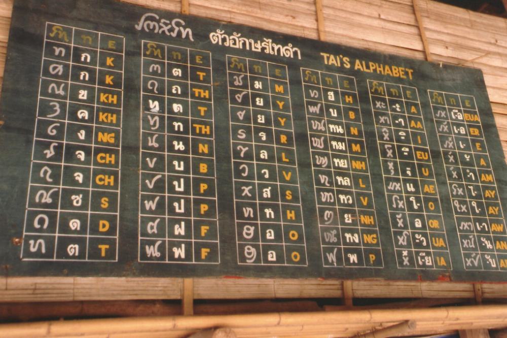 alphabet de l'ethnie Thai Dam traduit en alphabet thailandais puis transcrit en latin