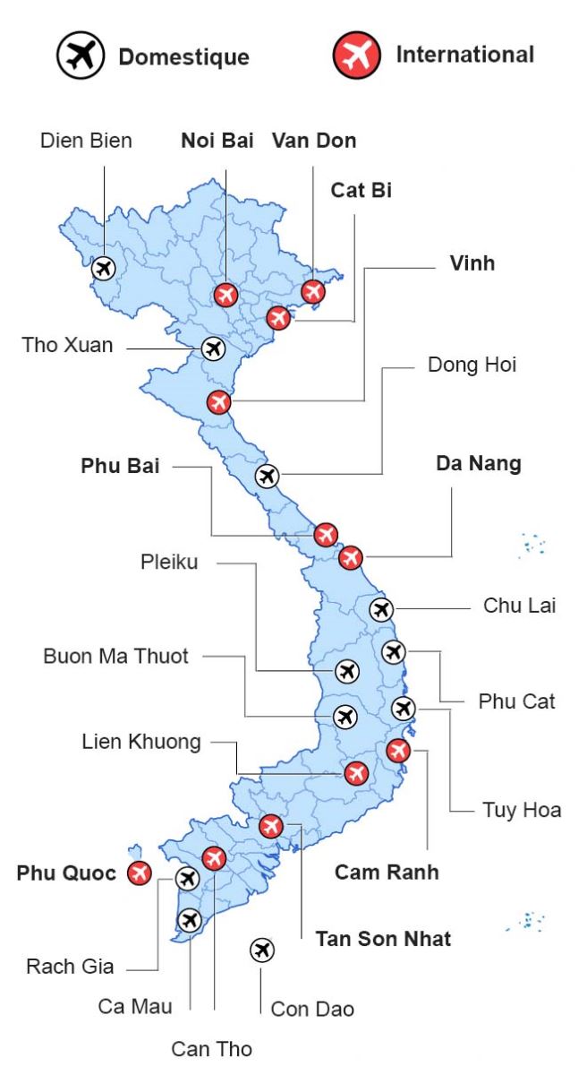 carte des aéroports au vietnam, aéroports internationaux, aéroports domestiques