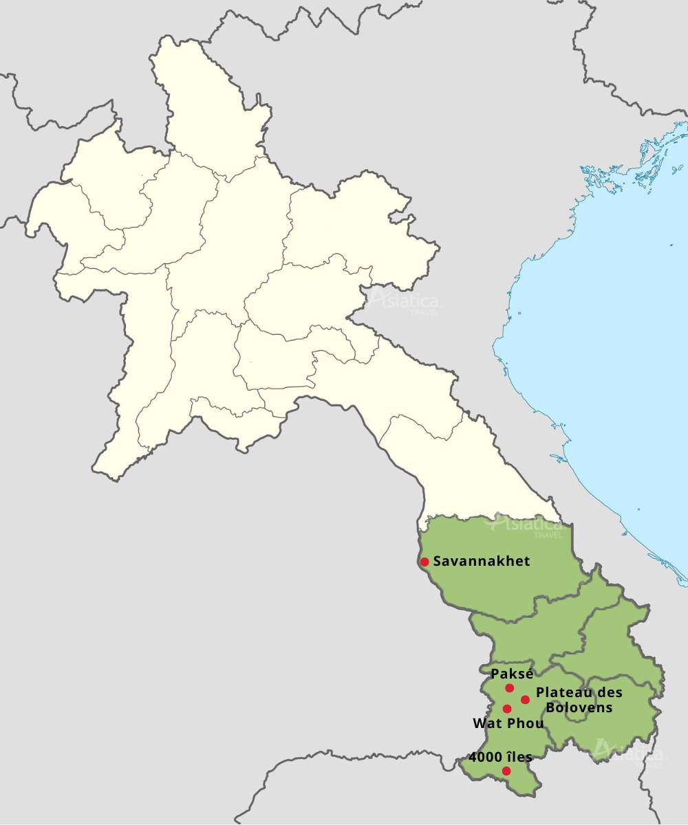 carte du Sud du Laos avec les sites majeurs