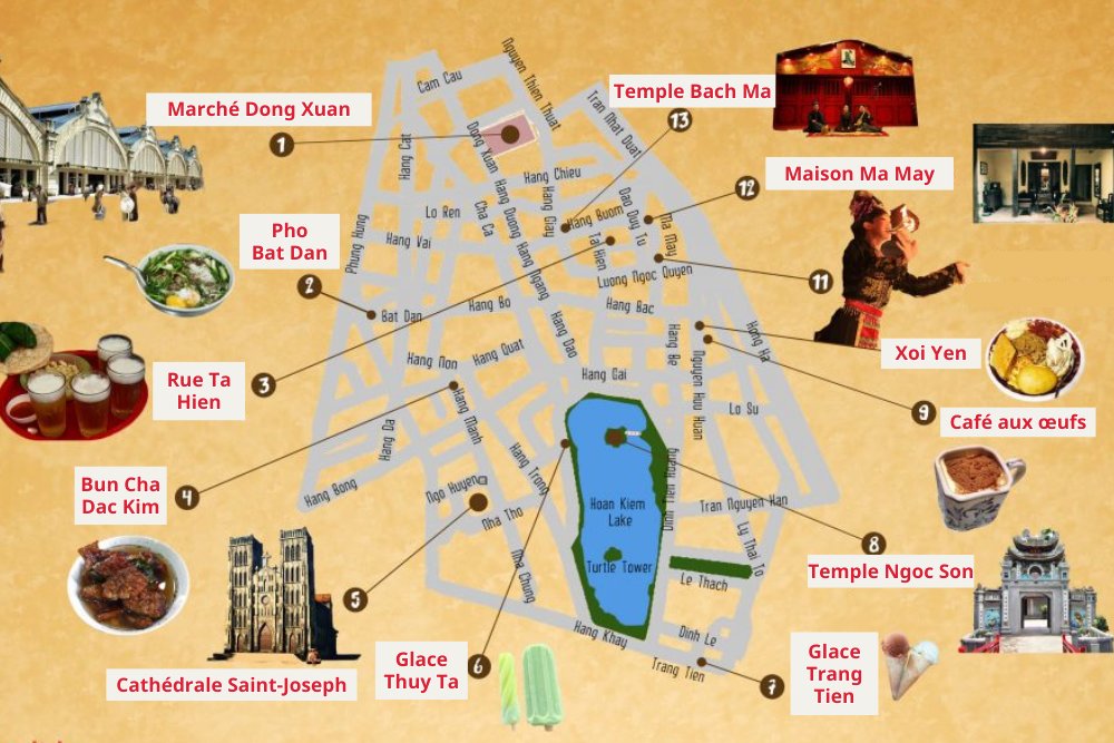 carte touristique, vieux quartier hanoi