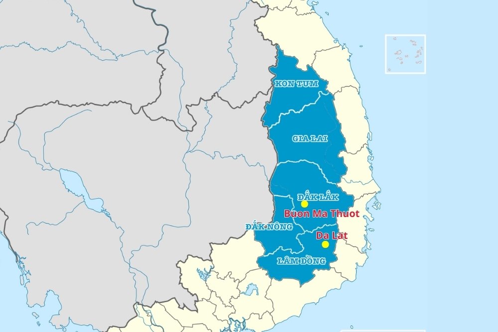carte vietnam, hauts plateaux du centre