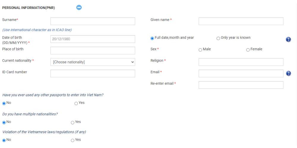 formulaire de demande d'e-visa Vietnam, informations personnelles