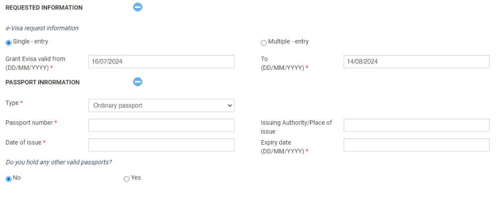 formulaire de demande d'e-visa Vietnam, informations requises, informations sur le passeport