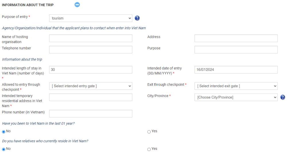 formulaire de demande d'e-visa Vietnam, informations sur le voyage