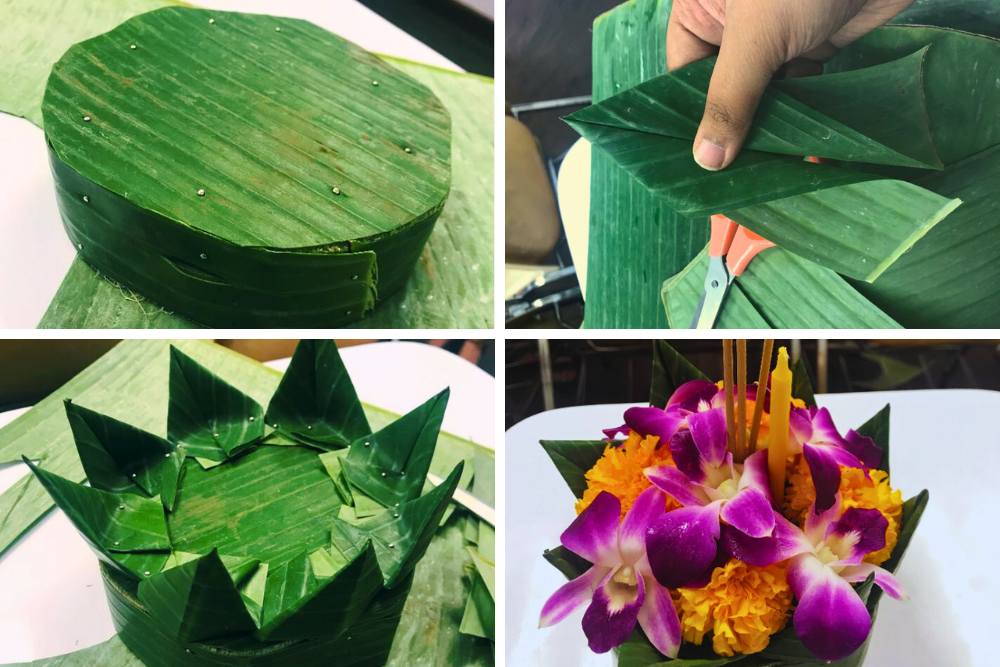 quatre étapes pour fabriquer à la main un panier flottant krathong à partir de feuilles de bananier et de diverses fleurs