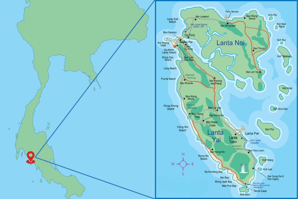 Koh Lanta sur la carte de la Thaïlande et carte détaillé de Koh Lanta