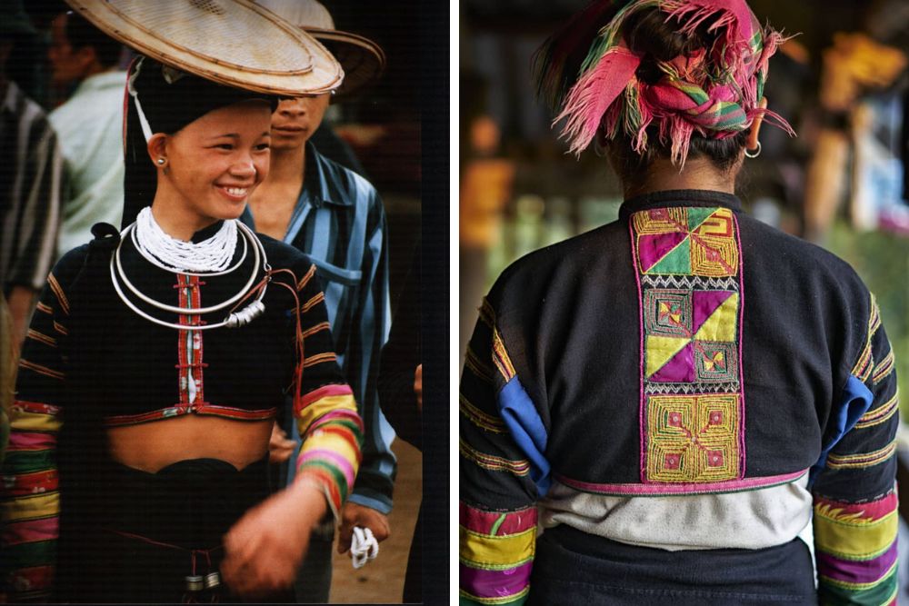 Costume traditionnel des Lolo noirs au Vietnam, costumes des femmes Lolo noires, motifs décoratifs sur le dos