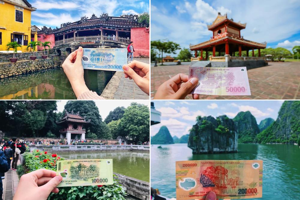 monnaie du Vietnam devant les sites touristiques qui leur conviennent tels que hoi an, hue, hanoi, baie d'Halong