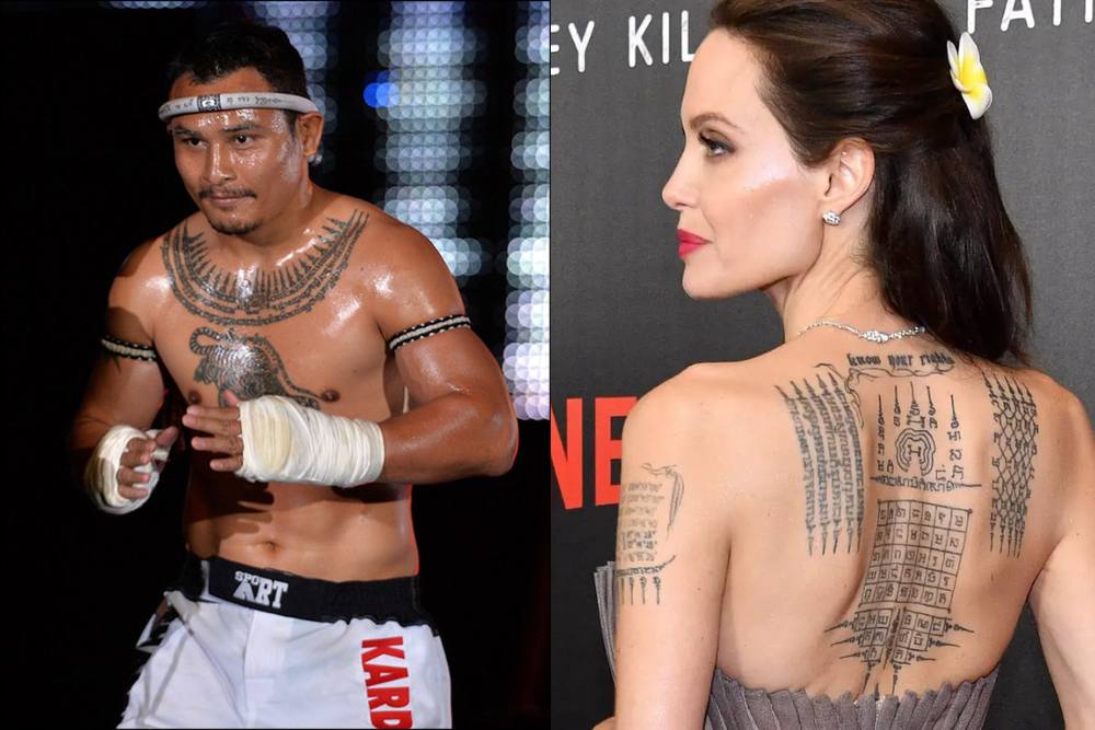 célébrités avec les tatouages thaïlandais sak yant, Combattant de Muay Thai Saiyok Pumpanmuang à gauche et actrice de Hollywood  Angelina Jolie à droite