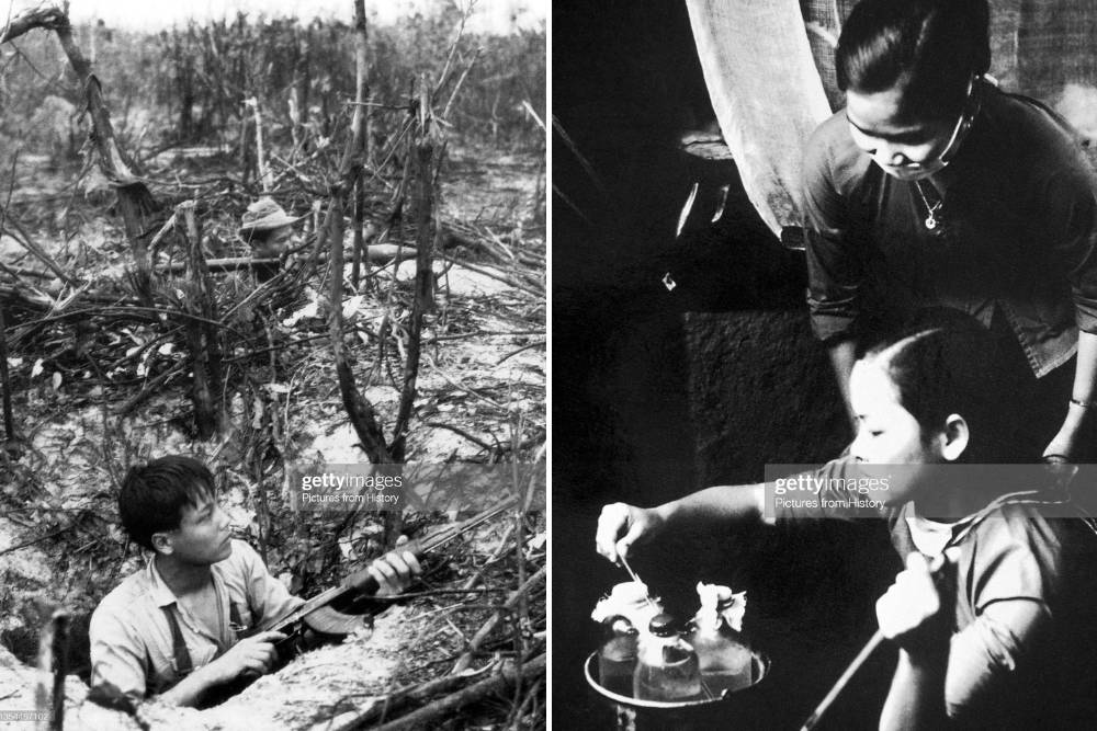 en noir et blanc, les soldats se cachent dans les tunnels pour tirer sur l'ennemi et les médecins travaillent dans une caverne sous terre